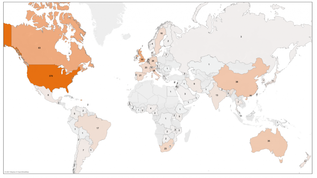 Global map showing publications by country